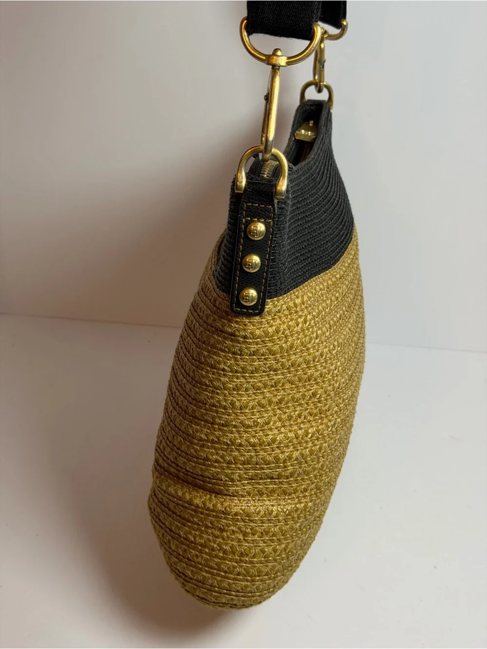 Eric Javits Woven Escape Shoulder bag in a Black and Natural Straw Colorway